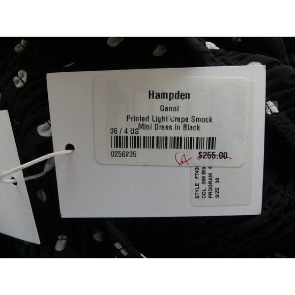 Ganni Dress 4 Mini Smocked Crepe Lined 36 Polka Dot Black White NEW - Picture 8 of 8